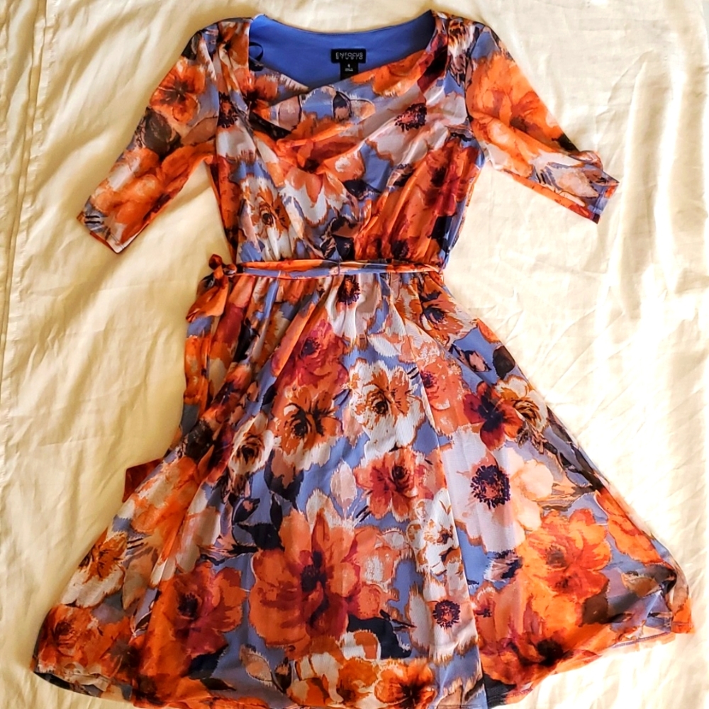 Blue and orange, 3/4 sleeve, flowy summer dress, knee high